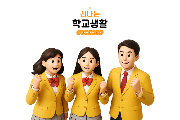 PSD 편집이미지 여자 남자 교복 응원 고등학생 협력 함께함 3D캐릭터 고등학교 미소 웃음 상반신 세명 친구 노란색 스쿨라이프 3D 파이팅 자신감 동료 긍정 조별과제 편집3D 캐릭터 학생 라이프스타일 옷 감정 컬러 컨셉 학교 관계 모션 청소년 표정 사람 디지털합성 과제 파일형식