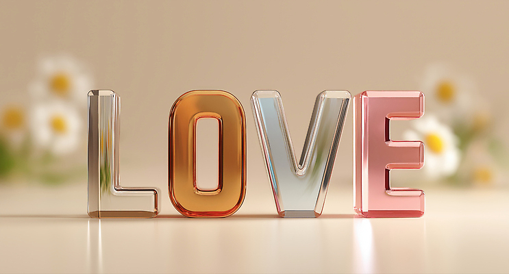 JPG 편집이미지 영어 꽃 유리 사랑 타이포그라피 사람없음 로맨틱 베이지색 입체문자 편집3D AI컴퓨터그래픽 AI콘텐츠 식물 문자 감정 컬러 컨셉 재질 3D 파일형식