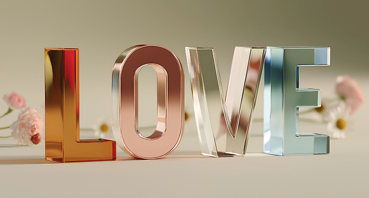 JPG 편집이미지 영어 꽃 유리 사랑 타이포그라피 사람없음 로맨틱 반투명 입체문자 편집3D AI컴퓨터그래픽 AI콘텐츠 식물 문자 감정 컨셉 재질 3D 파일형식