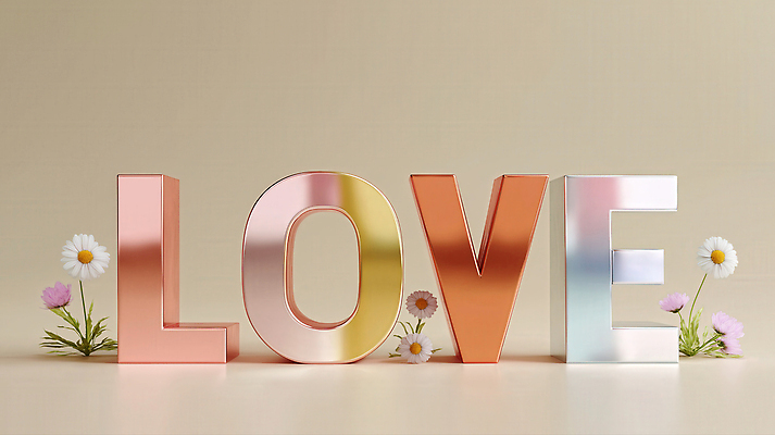 JPG 편집이미지 영어 꽃 사랑 타이포그라피 사람없음 금속 로맨틱 베이지색 입체문자 편집3D AI컴퓨터그래픽 AI콘텐츠 식물 문자 감정 컬러 컨셉 재질 3D 파일형식