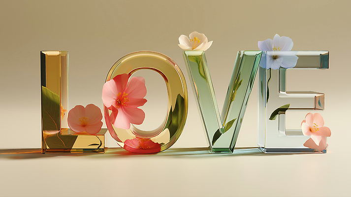 JPG 편집이미지 영어 꽃 유리 그림자 사랑 타이포그라피 사람없음 로맨틱 베이지색 입체문자 편집3D AI컴퓨터그래픽 AI콘텐츠 식물 문자 감정 컬러 컨셉 재질 3D 파일형식