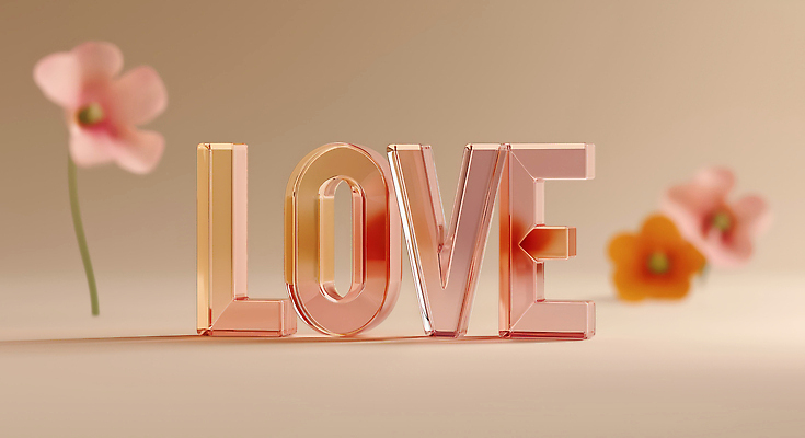 JPG 편집이미지 영어 꽃 유리 사랑 타이포그라피 사람없음 로맨틱 투명 베이지색 입체문자 편집3D AI컴퓨터그래픽 AI콘텐츠 식물 문자 감정 컬러 컨셉 재질 3D 파일형식