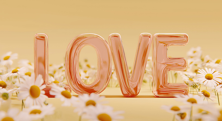 JPG 편집이미지 영어 유리 사랑 타이포그라피 사람없음 노란색 로맨틱 투명 데이지 입체문자 편집3D AI컴퓨터그래픽 AI콘텐츠 문자 꽃 감정 컬러 컨셉 재질 3D 파일형식