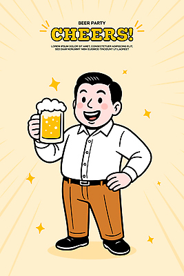 남자 행복 허리손 일러스트 생맥주 미소 웃음 들기 캐주얼 반짝임 활발 기쁨 축하 음주 즐거움 맥주잔 활기 맥주거품 연노랑색 국내일러스트 AI파일 옷 감정 포즈 컨셉 술잔 모션 맥주 표정 사람 노란색 거품 파일형식 벡터