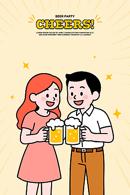 커플 여자 남자 행복 일러스트 생맥주 대화 미소 웃음 들기 두명 친구 반짝임 기쁨 만남 축하 음주 즐거움 건배 맥주잔 활기 술자리 맥주거품 회식 연노랑색 국내일러스트 AI파일 감정 컨셉 술잔 관계 모션 맥주 표정 말하기 사람 노란색 식사 거품 파일형식 벡터