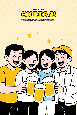 여자 남자 행복 일러스트 생맥주 대화 미소 웃음 들기 여러명 친구 반짝임 기쁨 모임 축하 음주 동료 즐거움 건배 맥주잔 활기 술자리 맥주거품 캡모자 회식 연노랑색 국내일러스트 AI파일 모자_잡화 감정 다수 컨셉 술잔 관계 모션 맥주 표정 말하기 사람 노란색 식사 거품 파일형식 벡터