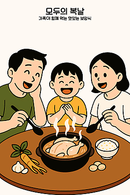 여자 남자 행복 일러스트 식탁 밥 함께함 마늘 사랑 들기 상반신 세명 여름 숟가락 식사 복날 인삼 저녁 즐거움 뚝배기 국물 삼계탕 밥그릇 국내일러스트 AI파일 그릇 계절 기념일 감정 음식 컨셉 채소 모션 탁자 수저 사람 삼 야간 보양식 파일형식 벡터