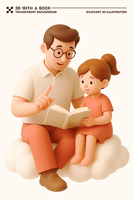 전신 PSD 구름 편집이미지 여자 교육 남자 어린이 휴식 이야기 사랑 앉기 성인 두명 책 독서 3D 귀여움 잡기 편안함 집중 읽기 소통 교감 살구색 안경낌 부녀 편집3D 자연요소 딸 감정 안경 컬러 컨셉 가족 모션 사람 감각 아빠 디지털합성 파일형식