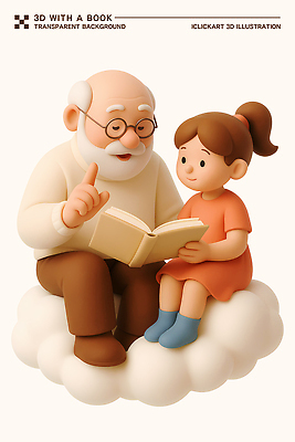 전신 PSD 구름 편집이미지 여자 교육 할아버지 노년 남자 어린이 휴식 손녀 이야기 앉기 두명 책 독서 3D 귀여움 가리킴 잡기 집중 읽기 살구색 의사소통 안경낌 편집3D 자연요소 안경 컬러 컨셉 모션 사람 손짓 성인 손주 디지털합성 파일형식