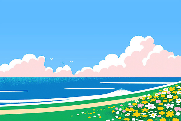PSD 구름 꽃밭 일러스트 자연 조류 하늘 잔디 해변 사람없음 파란색 모래사장 여름풍경 풀 해수욕장 국내일러스트 자연요소 식물 동물 꽃 바다 컬러 풍경 생태계 파일형식 여름_계절