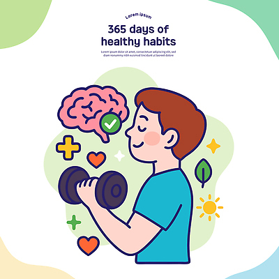 라이프스타일 남자 다이어트 일러스트 한명 미소 들기 상반신 건강관리 눈감음 헬스 아령 하트 확인 뇌 예방 생활습관 자가진단 국내일러스트 AI파일 모양 1 모션 표정 건강 관리 사람 생활 운동 습관 파일형식 벡터