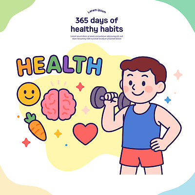 웰빙 남자 허리손 일러스트 한명 미소 들기 일상 건강관리 헬스 힘 당근 아령 뇌 생활습관 자가진단 국내일러스트 AI파일 1 포즈 모션 뿌리채소 표정 건강 관리 사람 라이프 운동 습관 파일형식 벡터