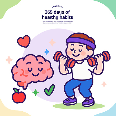 전신 남자 일러스트 한명 들기 건강관리 헬스 힘 아령 하트 머리띠 사과 즐거움 두뇌 뇌 생활습관 국내일러스트 AI파일 모양 1 감정 과일 장신구 모션 건강 관리 사람 운동 습관 파일형식 벡터