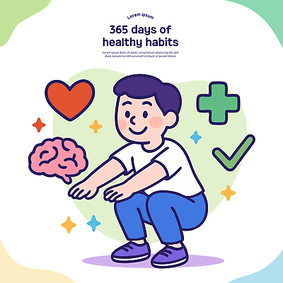 전신 웰빙 남자 일러스트 한명 일상 건강관리 헬스 하트 뇌 손뻗기 생활습관 자기개발 스쿼트 국내일러스트 AI파일 모양 1 모션 건강 관리 사람 라이프 운동 습관 파일형식 벡터 운동자세