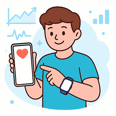남자 일러스트 그래프 한명 미소 들기 상반신 일상 생활 치료 스마트폰 건강관리 디지털 자료 기쁨 하트 가리킴 기록 어플리케이션 분석 상승 당뇨병 자가진단 혈당계 스마트워치 국내일러스트 AI파일 모양 1 감정 컨셉 의학 모션 표정 건강 관리 사람 손짓 라이프 핸드폰 스마트기기 의료용품 질병 웨어러블 파일형식 벡터