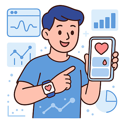 남자 일러스트 그래프 한명 미소 들기 상반신 파란색 스마트폰 디지털 자료 하트 기록 어플리케이션 맥박 분석 인터넷창 당뇨병 자가진단 스마트워치 국내일러스트 AI파일 모양 1 컬러 컨셉 인터넷 의학 모션 표정 사람 핸드폰 스마트기기 질병 웨어러블 파일형식 벡터