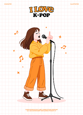 전신 여자 포즈 음표 일러스트 노래 한명 웃음 들기 반짝임 청춘 눈감음 주황색 공연 가수 가리킴 잡기 스탠드마이크 즐거움 격자 아이돌 케이팝 예체능 일러캐릭터 AI파일 캐릭터 1 기호 감정 음악 컬러 컨셉 무늬 모션 표정 사람 손짓 이벤트 음악가 마이크 연예인 파일형식 벡터