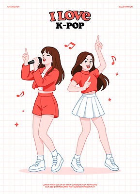 전신 여자 포즈 음표 일러스트 노래 웃음 들기 두명 눈감음 공연 가수 가리킴 춤 마이크 즐거움 격자 아이돌 케이팝 코랄 예체능 일러캐릭터 AI파일 캐릭터 기호 감정 음악 컬러 음향기기 무늬 모션 문화예술 표정 사람 손짓 이벤트 음악가 연예인 파일형식 벡터