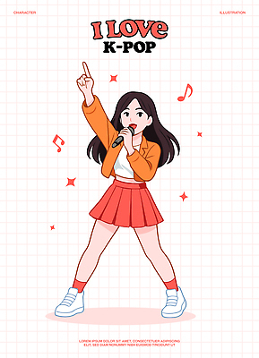 전신 여자 포즈 음표 일러스트 노래 한명 웃음 들기 공연 가수 가리킴 춤 마이크 즐거움 격자 아이돌 케이팝 코랄 예체능 일러캐릭터 AI파일 캐릭터 1 기호 감정 음악 컬러 음향기기 무늬 모션 문화예술 표정 사람 손짓 이벤트 음악가 연예인 파일형식 벡터