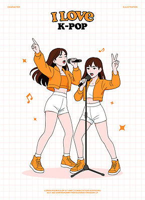 전신 여자 포즈 음표 일러스트 노래 들기 두명 눈감음 주황색 공연 가수 가리킴 춤 잡기 스탠드마이크 즐거움 브이 격자 아이돌 케이팝 예체능 일러캐릭터 AI파일 캐릭터 기호 감정 음악 컬러 무늬 모션 문화예술 사람 손짓 이벤트 음악가 마이크 연예인 파일형식 벡터