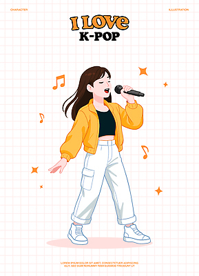 전신 여자 포즈 음표 일러스트 노래 한명 웃음 들기 눈감음 주황색 공연 가수 춤 마이크 즐거움 격자 아이돌 케이팝 예체능 일러캐릭터 AI파일 캐릭터 1 기호 감정 음악 컬러 음향기기 무늬 모션 문화예술 표정 사람 이벤트 음악가 연예인 파일형식 벡터