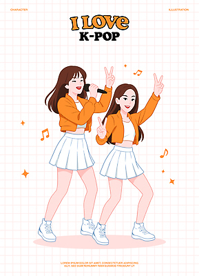 전신 여자 포즈 음표 일러스트 노래 웃음 들기 두명 눈감음 주황색 공연 가수 춤 마이크 즐거움 브이 격자 아이돌 케이팝 예체능 일러캐릭터 AI파일 캐릭터 기호 감정 음악 컬러 음향기기 무늬 모션 문화예술 표정 사람 손짓 이벤트 음악가 연예인 파일형식 벡터