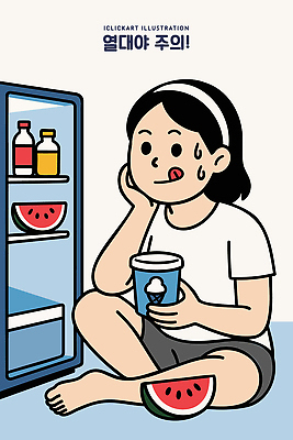 전신 여자 하늘색 일러스트 아이스크림 피곤 한명 들기 앉기 여름 턱괴기 머리띠 더위 시원함 즐거움 땀 메롱 냉장고 수박조각 열대야 국내일러스트 AI파일 1 계절 감정 조각 컨셉 장신구 모션 날씨 디저트 수박 사람 파란색 가전제품 파일형식 벡터