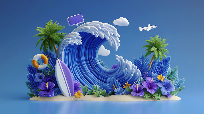 JPG 구름 편집이미지 물결 파도 말풍선 잎 하늘 비행기 풍경 해변 사람없음 여름 파란색 야자수 서핑보드 서핑 휴양지 조화 편집3D AI컴퓨터그래픽 AI콘텐츠 자연요소 나무 식물 계절 바다 컬러 항공교통 대중교통 3D 장소 수상스포츠 보드_스포츠 파일형식