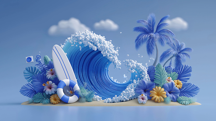 JPG 구름 편집이미지 파도 잎 풍경 해변 사람없음 여름 파란색 야자수 서핑보드 서핑 휴양지 조화 파라다이스 편집3D AI컴퓨터그래픽 AI콘텐츠 자연요소 나무 식물 계절 바다 컬러 3D 장소 수상스포츠 보드_스포츠 파일형식