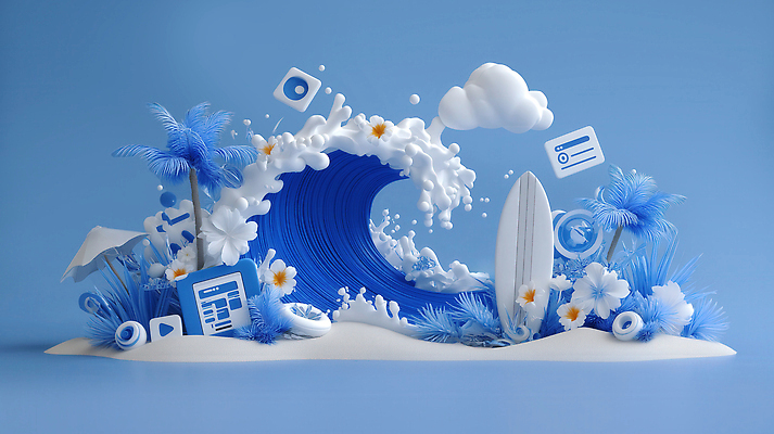 JPG 구름 편집이미지 파도 잎 해변 사람없음 여름 파란색 야자수 파라솔 서핑보드 서핑 조화 편집3D AI컴퓨터그래픽 AI콘텐츠 자연요소 나무 식물 계절 바다 컬러 3D 수상스포츠 보드_스포츠 파일형식