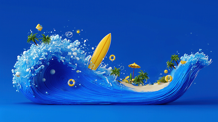 JPG 편집이미지 파도 해변 사람없음 여름 파란색 모래사장 야자수 파라솔 서핑보드 서핑 물거품 튜브 편집3D AI컴퓨터그래픽 AI콘텐츠 나무 계절 바다 컬러 3D 거품 수상스포츠 보드_스포츠 파일형식