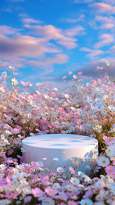 JPG 구름 편집이미지 꽃밭 자연 하늘 사람없음 햇빛 평화 코스모스 포디움 편집실사 AI컴퓨터그래픽 AI콘텐츠 자연요소 꽃 컨셉 태양 무대 CG 생태계 파일형식