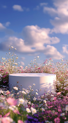 JPG 구름 편집이미지 꽃밭 자연 하늘 풍경 사람없음 햇빛 평화 코스모스 포디움 편집실사 AI컴퓨터그래픽 AI콘텐츠 자연요소 꽃 컨셉 태양 무대 CG 생태계 파일형식