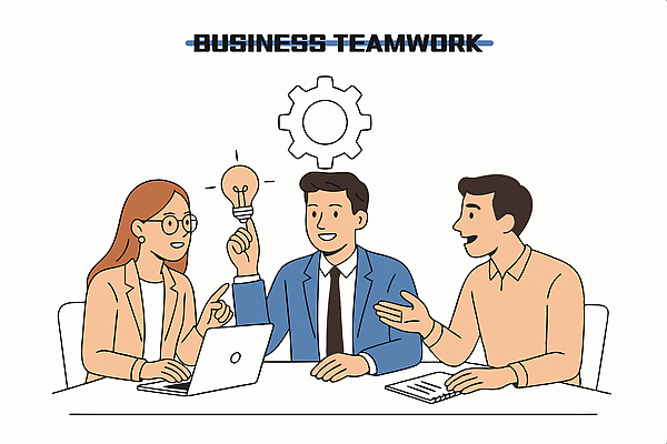 여자 남자 생각 일러스트 전구 회의 협력 아이디어 미소 정장 상반신 세명 노트북 손들기 가리킴 비즈니스맨 비즈니스우먼 발전 목표 토론 동료 회의실 전략 개발 창의성 프로젝트 안경낌 국내일러스트 AI파일 옷 안경 컨셉 비즈니스 관계 모션 표정 사람 손짓 전자제품 직장인 파일형식 벡터