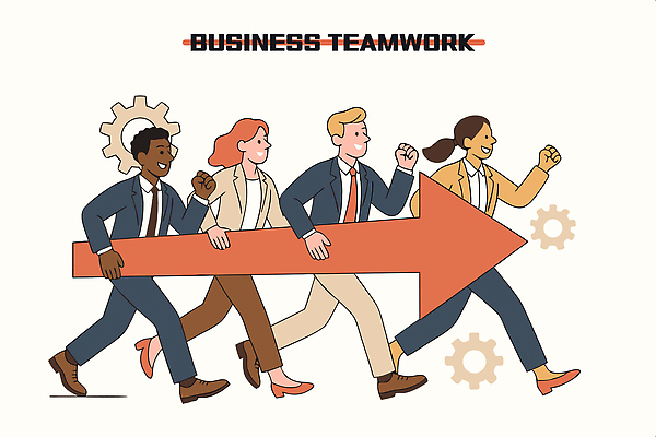 전신 여자 남자 화살표 일러스트 협력 미소 들기 정장 여러명 달리기 비즈니스맨 비즈니스우먼 목표 긍정적 국내일러스트 AI파일 옷 감정 다수 컨셉 비즈니스 모션 표정 사람 직장인 파일형식 벡터