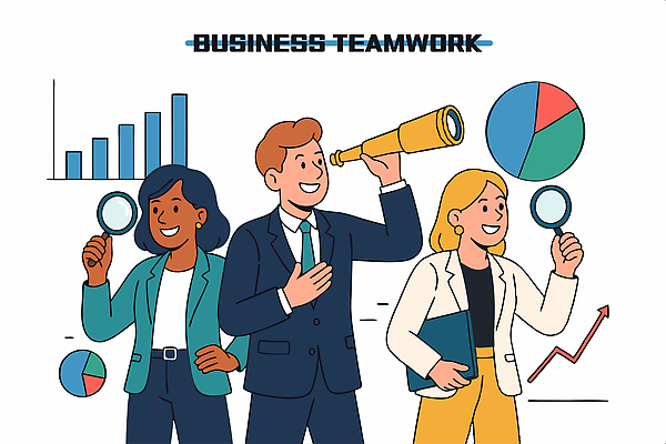 여자 남자 허리손 일러스트 통계 돋보기 그래프 협력 미소 들기 정장 세명 손들기 망원경 업무 비즈니스맨 비즈니스우먼 전문직 분석 상승 기획 전략 서류판 국내일러스트 AI파일 직업 옷 포즈 컨셉 비즈니스 모션 표정 사람 사무용품 작업 직장인 파일형식 벡터