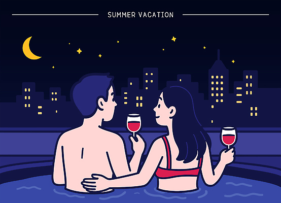 커플 여자 남자 수영복 행복 여유 여행 야경 와인잔 일러스트 휴식 수영장 사랑 미소 웃음 들기 풍경 상반신 두명 건물 여름휴가 와인 수영 로맨틱 도시 초승달 남색 즐거움 힐링 별빛 온수 국내일러스트 AI파일 건축물 옷 감정 별 컬러 컨셉 술잔 관계 모션 휴가 주류 표정 사람 빛 달 수상스포츠 야간 파일형식 벡터 여름_계절 풍경_경치