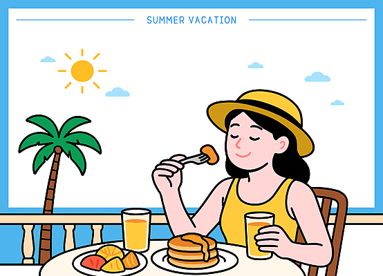 구름 접시 여자 행복 음료 바다 여행 하늘색 포크 의자 과일 일러스트 탁자 하늘 휴식 잔 한명 미소 웃음 들기 풍경 상반신 여름휴가 야자수 햇빛 눈감음 식사 발코니 즐거움 힐링 팬케이크 챙모자 국내일러스트 AI파일 자연요소 나무 모자_잡화 1 식기 감정 가구 컨셉 모션 휴가 표정 사람 파란색 태양 케이크 파일형식 벡터 여름_계절