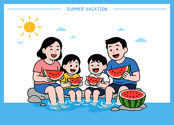 전신 구름 여자 남자 행복 여행 하늘색 일러스트 가족 하늘 휴식 미소 웃음 들기 앉기 여러명 여름휴가 햇빛 계곡 바위 시원함 즐거움 힐링 발담그기 수박조각 국내일러스트 AI파일 자연요소 감정 조각 다수 컨셉 관계 모션 휴가 수박 표정 사람 파란색 태양 돌_바위 파일형식 벡터 여름_계절