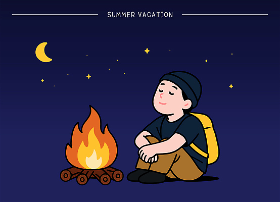 전신 모자 남자 행복 여행 야경 일러스트 밤하늘 하늘 휴식 한명 미소 앉기 여름휴가 반짝임 눈감음 초승달 모닥불 남색 즐거움 힐링 백팩 국내일러스트 AI파일 1 잡화 감정 컬러 컨셉 가방 모션 불 휴가 표정 사람 달 야간 파일형식 벡터 여름_계절 풍경_경치