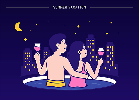 전신 커플 여자 남자 행복 여행 야경 와인잔 일러스트 하늘 휴식 수영장 미소 웃음 들기 풍경 상반신 두명 건물 여름휴가 반짝임 와인 로맨틱 도시 초승달 남색 즐거움 힐링 감싸기 국내일러스트 AI파일 건축물 감정 컬러 컨셉 술잔 관계 모션 휴가 주류 표정 사람 달 야간 파일형식 벡터 여름_계절 풍경_경치