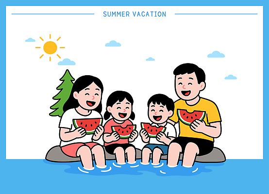 전신 나무 구름 여자 남자 행복 여행 하늘색 일러스트 가족 하늘 휴식 미소 웃음 들기 앉기 여러명 여름휴가 햇빛 계곡 바위 즐거움 힐링 발담그기 수박조각 국내일러스트 AI파일 자연요소 식물 감정 조각 다수 컨셉 관계 모션 휴가 수박 표정 사람 파란색 태양 돌_바위 파일형식 벡터 여름_계절