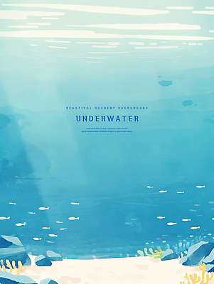 PSD 바다 일러스트 자연 수채화 어류 사람없음 파란색 바닷속 돌_바위 국내일러스트 컬러 수중 수중동물 생태계 파일형식