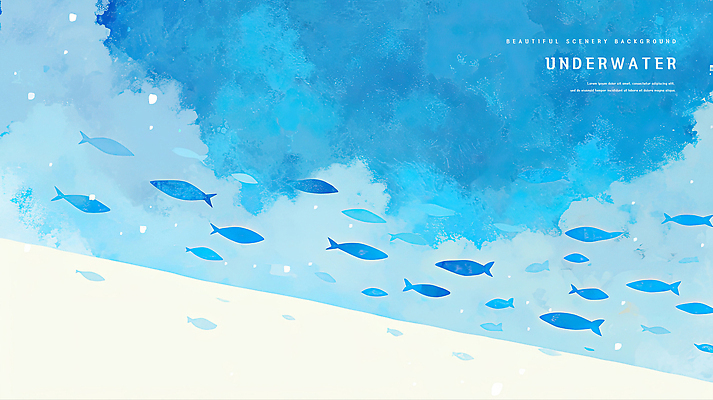 PSD 바다 일러스트 자연 수채화 풍경 사람없음 파란색 바닷속 물방울 물고기떼 국내일러스트 컬러 어류 수중 생태계 파일형식