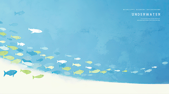 PSD 바다 일러스트 자연 수채화 사람없음 파란색 바닷속 물고기떼 국내일러스트 컬러 어류 수중 생태계 파일형식