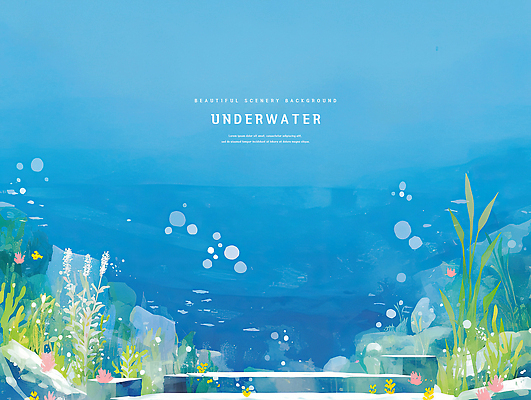 PSD 바다 일러스트 자연 수채화 풍경 사람없음 파란색 바닷속 돌_바위 물방울 해초 산호 국내일러스트 컬러 수중 해조류 자포동물 생태계 파일형식