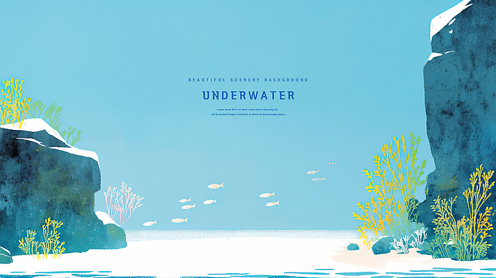 PSD 바다 일러스트 자연 수채화 어류 풍경 사람없음 파란색 바닷속 돌_바위 해초 산호 물고기떼 국내일러스트 컬러 수중 수중동물 해조류 자포동물 생태계 파일형식