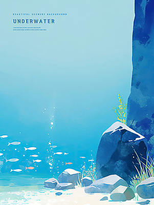 PSD 바다 일러스트 자연 수채화 풍경 사람없음 파란색 바닷속 바위 물방울 해초 물고기떼 국내일러스트 컬러 어류 수중 돌_바위 해조류 생태계 파일형식