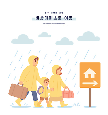 전신 여자 남자 화살표 가방 일러스트 가족 장화 들기 세명 걷기 손잡기 표지판 위험 자연재해 웅덩이 우비 장마 긴급상황 대피 사고예방 호우 집모양 국내일러스트 침수피해 AI파일 모양 잡화 옷 신발 컨셉 관계 모션 알림판 사람 피해 긴급 비_날씨 홍수 예방 재해 파일형식 벡터