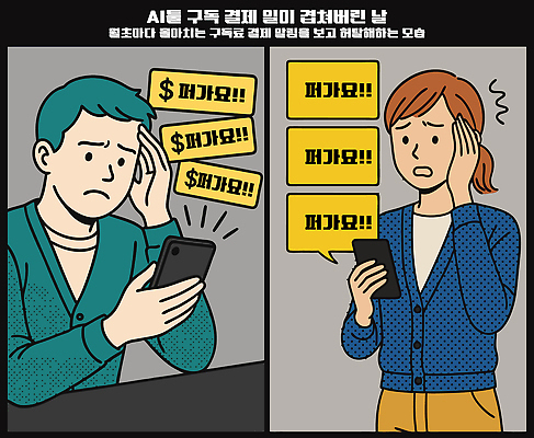 여자 남자 일러스트 스트레스 들기 상반신 두명 스마트폰 회색 찡그림 불안 고민 결제 충격 불만 당황 구독 요금 AI_인공지능 국내일러스트 머리짚기 AI파일 감정 컬러 모션 표정 사람 핸드폰 스마트기기 파일형식 벡터